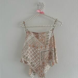Rose and Grey Bandana inspired beige back tie top Sz L summer wear fun